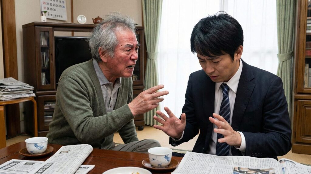 男性に詰め寄る老人と困惑するスーツ姿の男性