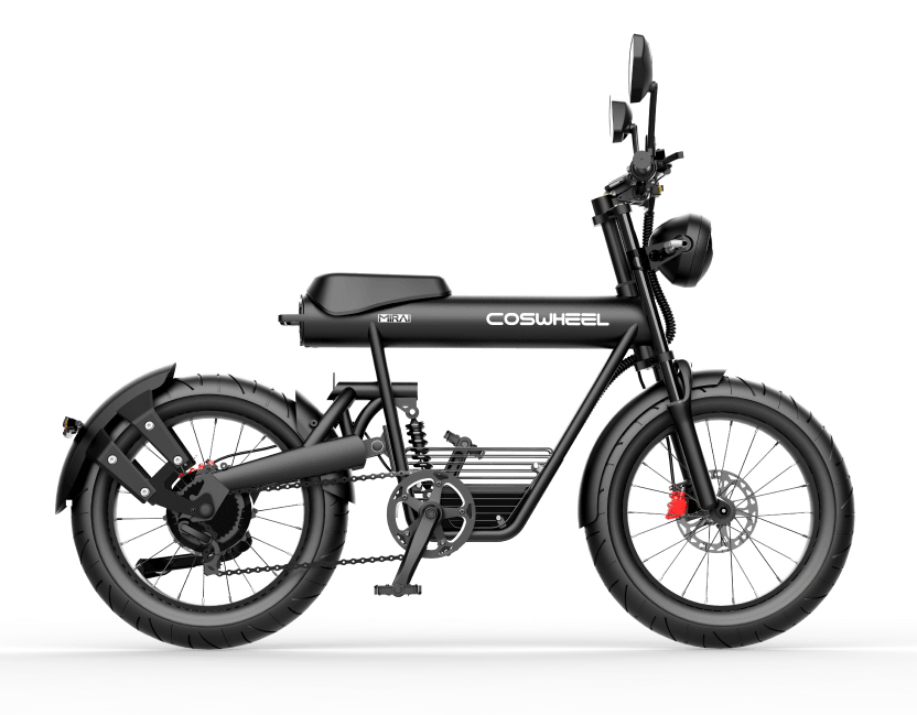 黒色のコスウエル社製電動バイクの全体図