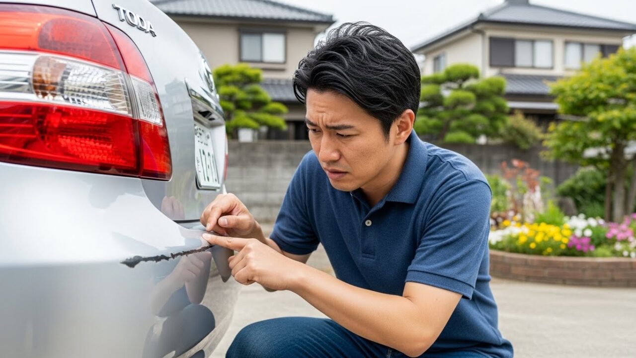車の傷を確認する男性