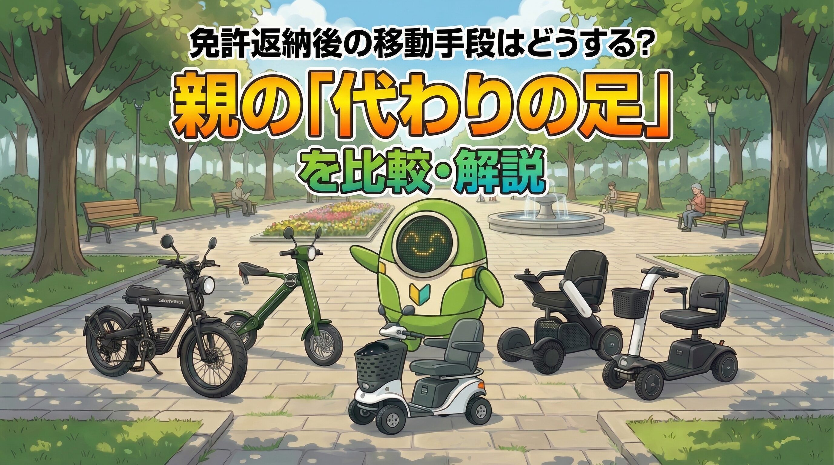 免許返納後の移動手段の比較解説。親世代におすすめの次世代シニアモビリティ（電動車椅子、電動キックボード、特定小型原付など）5種類を紹介するアイキャッチ画像。