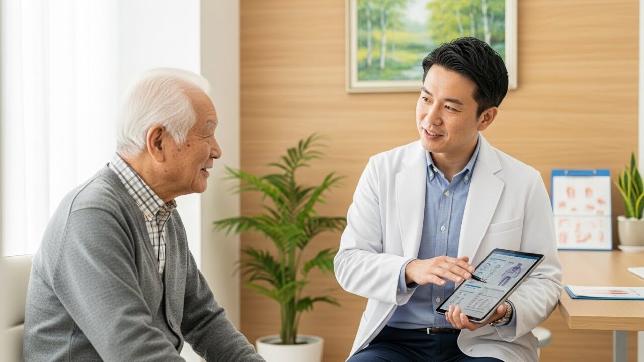 タブレットで説明を受ける高齢男性と医師