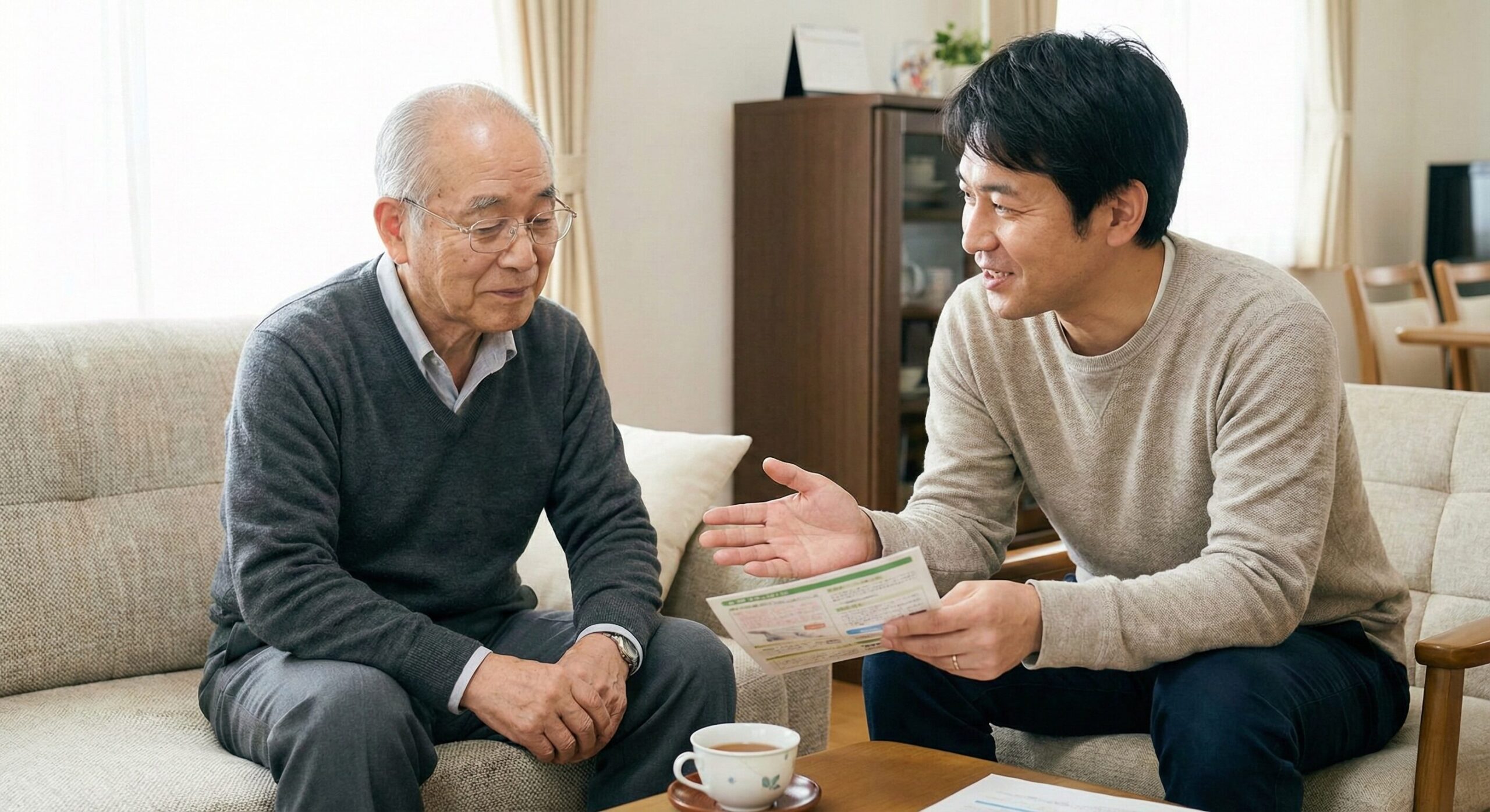 男性が父親に書類を見せながら説明している様子