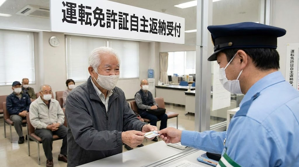 運転免許証を警察官に返すお年寄り