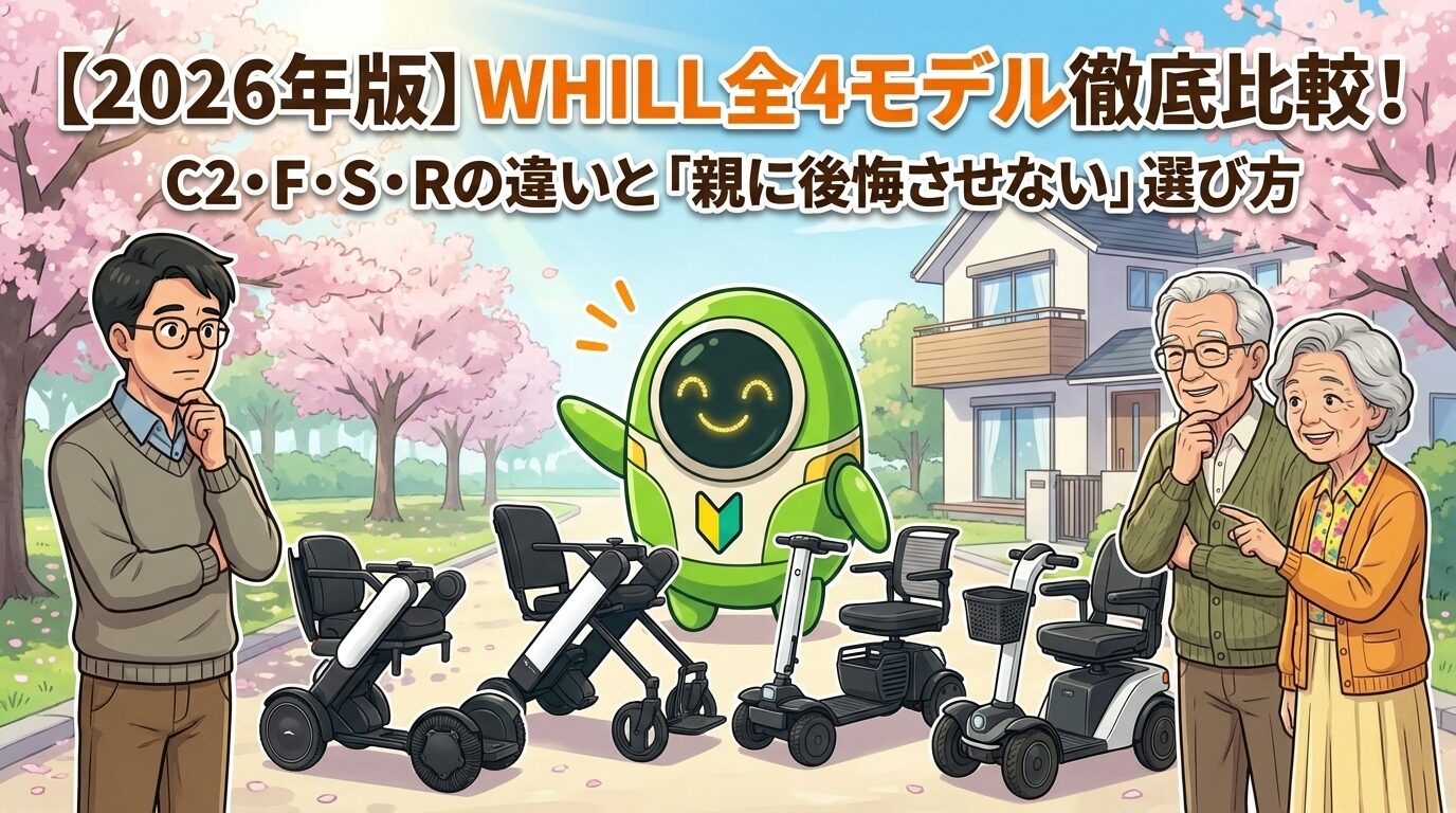 【2026年版】WHILL（ウィル）全4モデル（C2・F・S・R）の徹底比較。親へのプレゼント選びを検討する男性と、桜並木の住宅街で電動車椅子を眺めるシニア夫婦のイラスト。