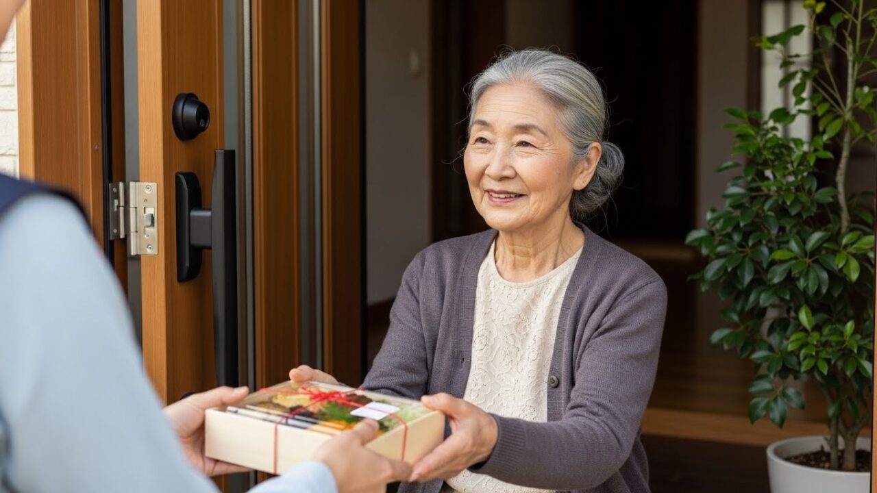 弁当を受け取る笑顔の高齢女性