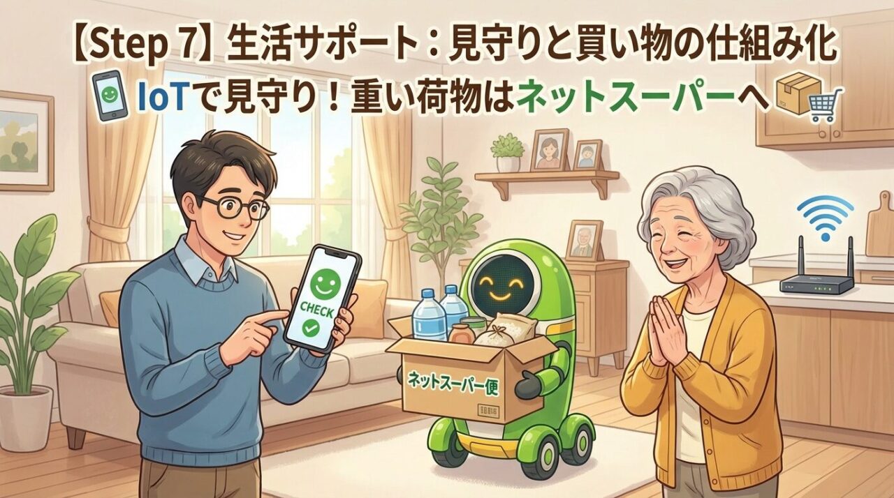 【Step 7】生活サポート:見守りと買い物の仕組み化・IoTで見守り!重い荷物はネットスーパーへのイメージイラスト