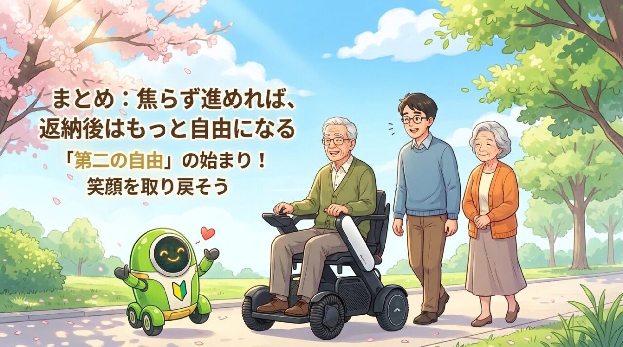 焦らず進めれば、返納後はもっと自由になる。「第二の自由」の始まり!笑顔を取り戻そうのイメージイラスト