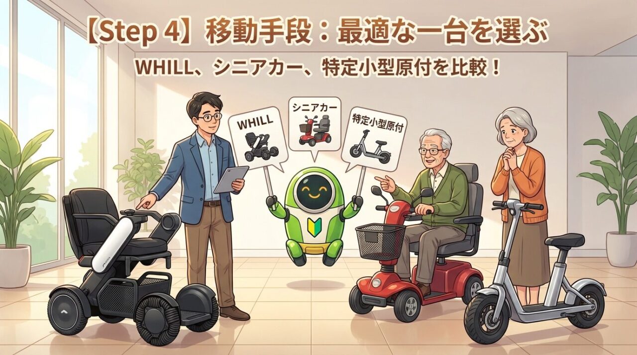 電動車椅子、シニアカー、特定小型原付を比較検討するイラスト
