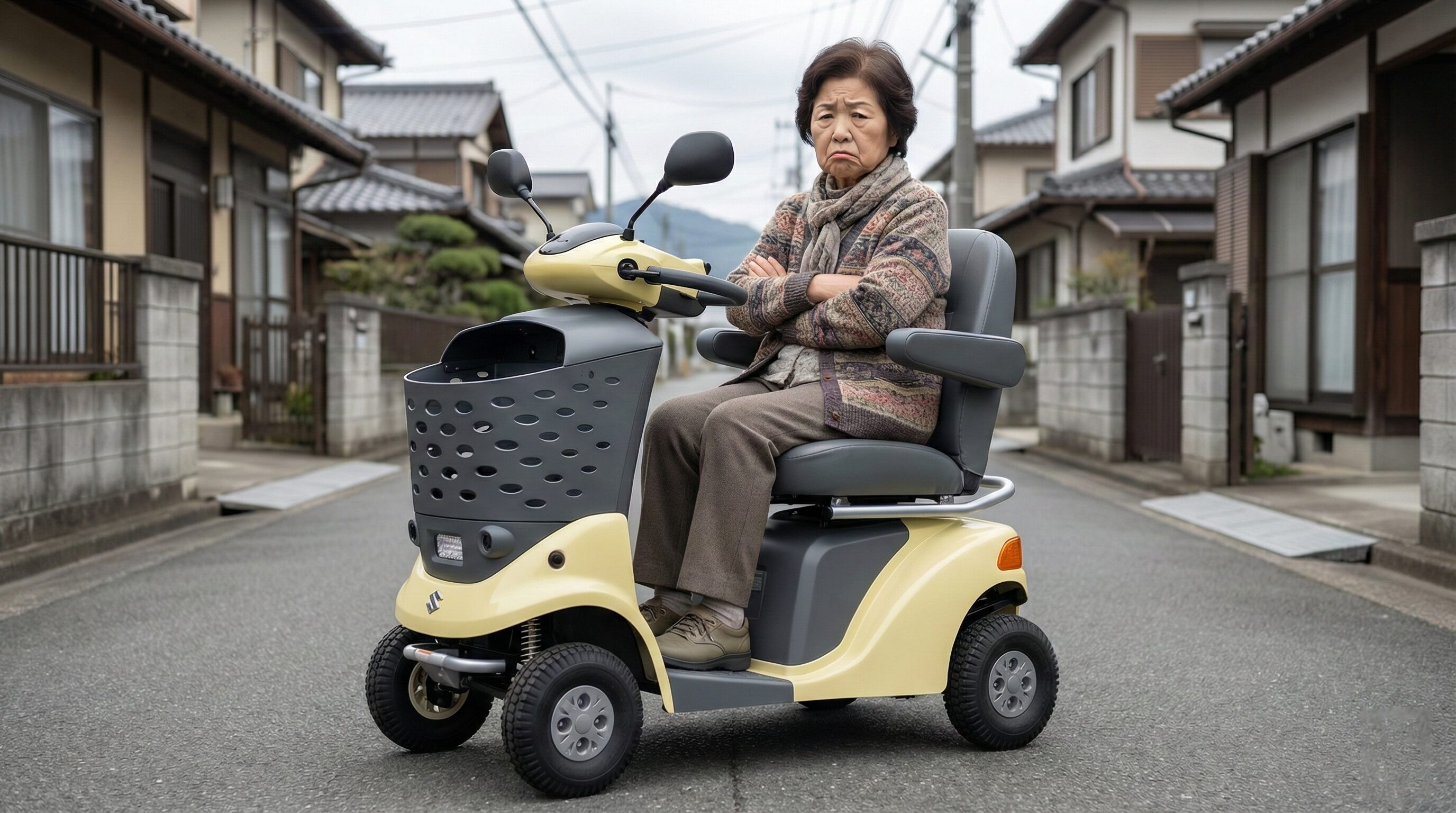 電動カートに乗る腕組みをした不機嫌そうな高齢女性