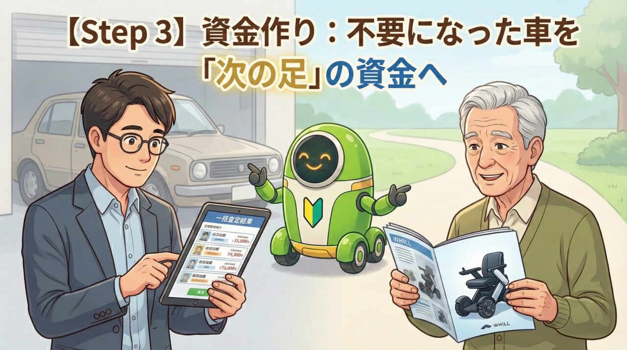 不要な車を売却して新たな移動手段の資金を作るイラスト