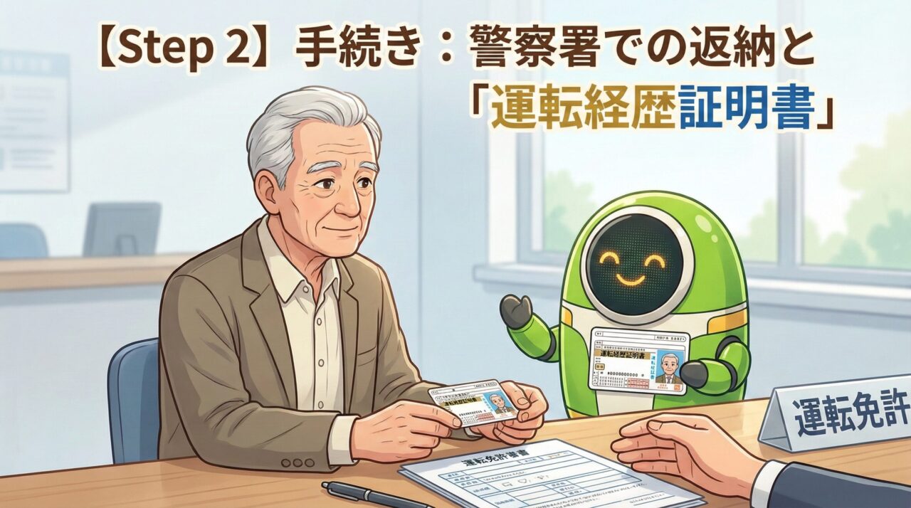 運転免許証を返す高齢男性と運転経歴証明書を持つキャラクター