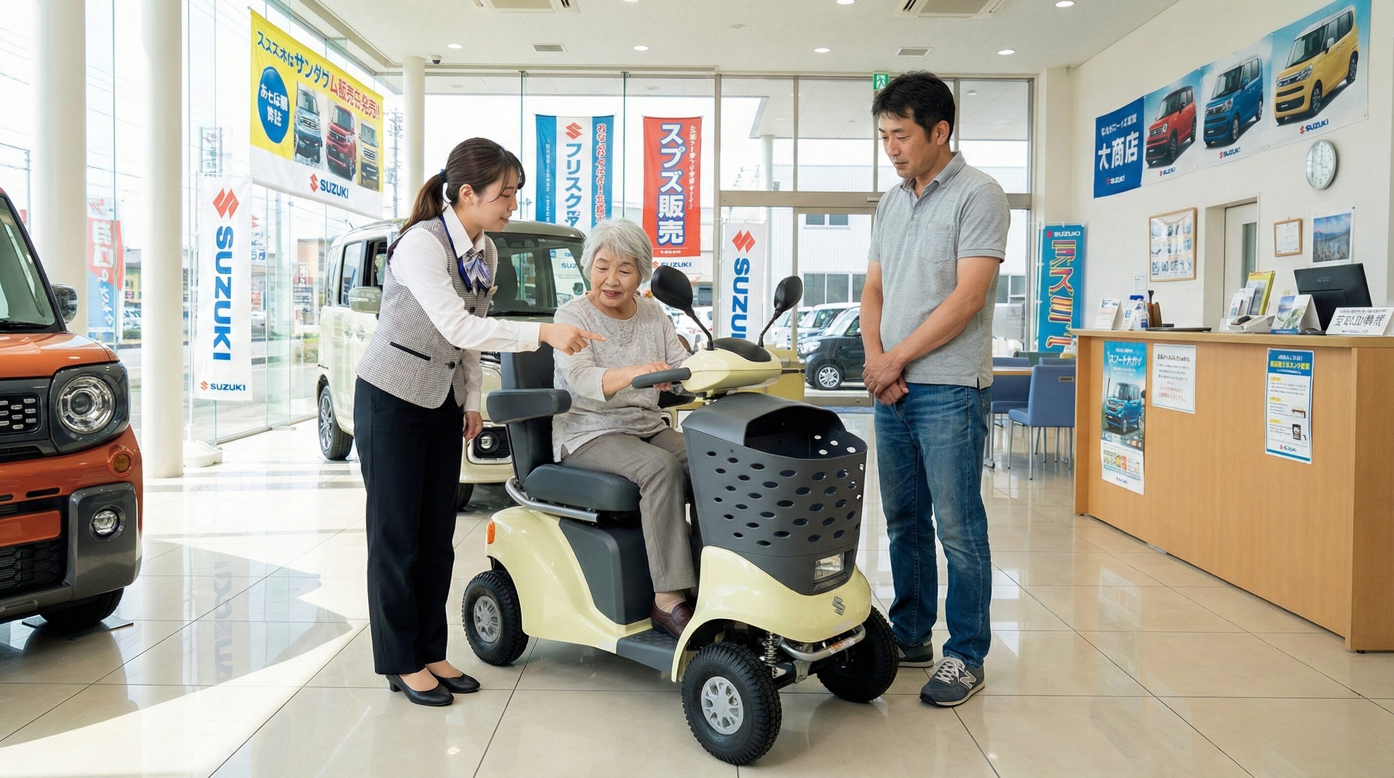 スズキの店で電動車いすを試乗するおばあさんと販売員