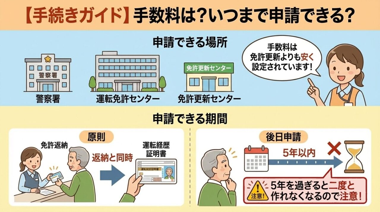 運転経歴証明書の申請ガイド図 警察署などで免許返納後5年以内に申請でき手数料は免許更新より安価