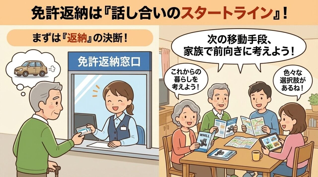 「免許返納は『話し合いのスタートライン』」**というキャッチコピーの画像。左側では、高齢の男性が運転免許返納窓口で職員に免許証を渡している。奥には排気ガスを出す車のイラストがある。右側では、高齢者夫婦と息子の家族がテーブルを囲み、「これからの暮らしを考えよう!」「次の移動手段、家族で前向きに考えよう!」「色々な選択肢があるね!」と話し合っている様子が描かれている。