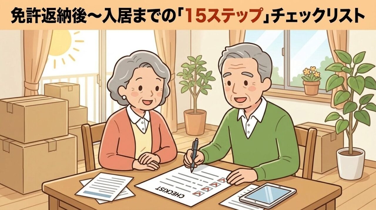 免許返納後〜入居までの「15ステップ」チェックリストというタイトルの画像。引っ越し用の段ボールが置かれた明るい部屋で、高齢者の夫婦がテーブルに向かって座っている。夫がペンを持ち、「CHECKLIST」と書かれた書類にチェックを入れながら、隣に座っている妻と笑顔で話している様子が描かれている。