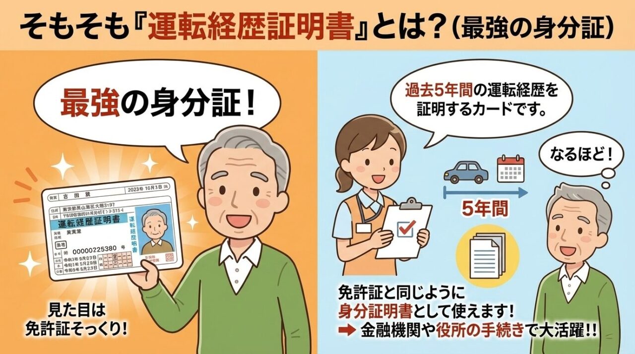 運転経歴証明書が免許証のように使える身分証明書だと説明するイラスト