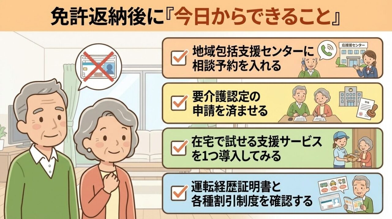 免許返納後〜入居までの「15ステップ」チェックリストというタイトルの画像。引っ越し用の段ボールが置かれた明るい部屋で、高齢者の夫婦がテーブルに向かって座っている。夫がペンを持ち、「CHECKLIST」と書かれた書類にチェックを入れながら、隣に座っている妻と笑顔で話している様子が描かれている。