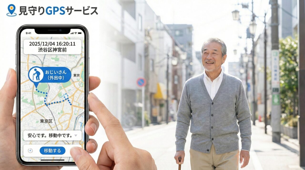 見守りGPSサービスの画面と笑顔の高齢者