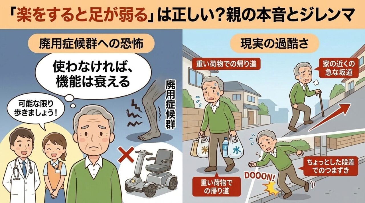 足が弱ることを恐れる高齢者が医師に運動を勧められつつも重い買い物袋や急な坂道小さな段差で歩くことに苦労する様子