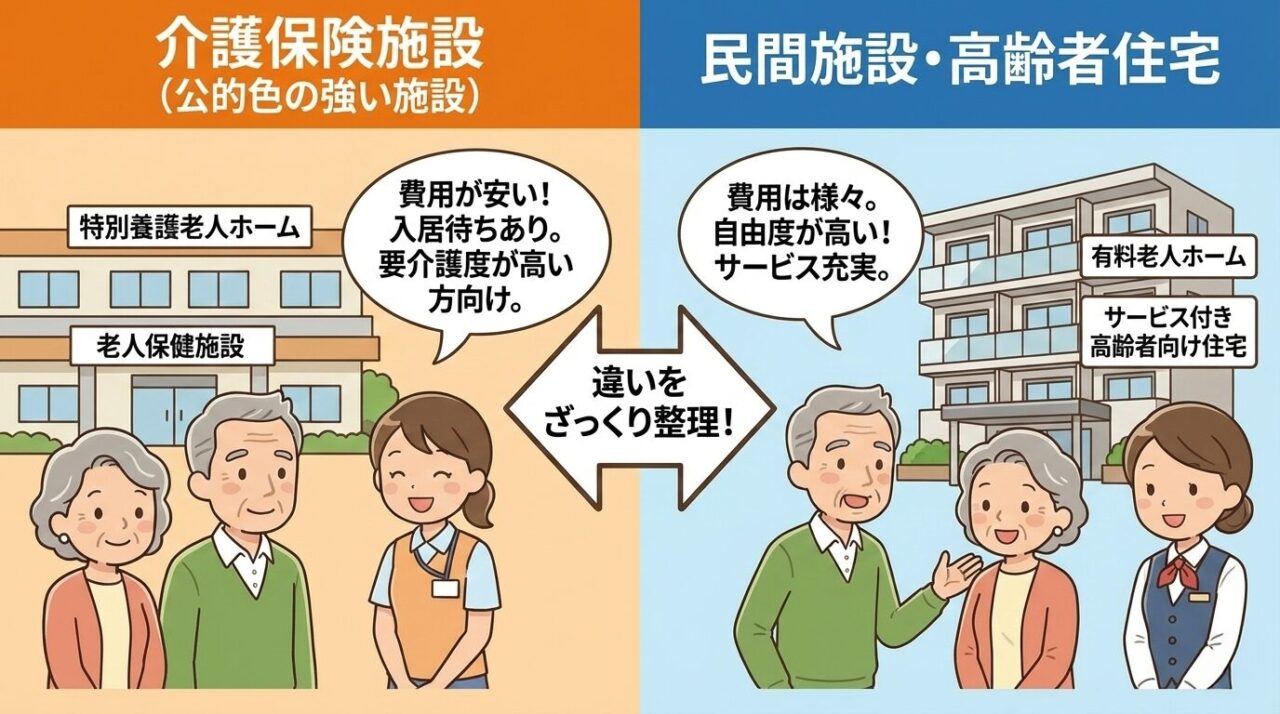 介護保険施設と民間施設・高齢者住宅の比較図。左側のオレンジ色の枠には「介護保険施設(公的色の強い施設)」として「特別養護老人ホーム」と「老人保健施設」のイラストと、「費用が安い!入居待ちあり。要介護度が高い方向け。」という説明がある。右側の青色の枠には「民間施設・高齢者住宅」として「有料老人ホーム」と「サービス付き高齢者向け住宅」のイラストと、「費用は様々。自由度が高い!サービス充実。」という説明がある。中央の吹き出しで「違いをざっくり整理!」とある。高齢者夫婦と施設のスタッフが描かれている。