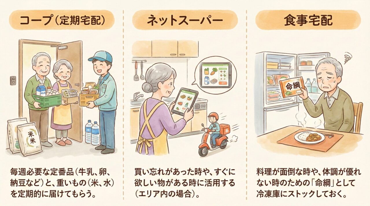 高齢者向け食材宅配サービスの比較イラスト