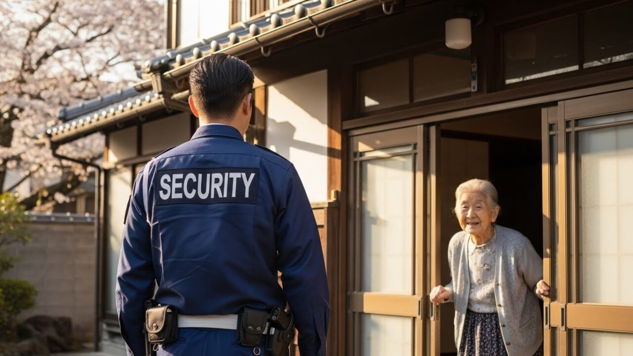 警備員と家の戸口に立つおばあさん
