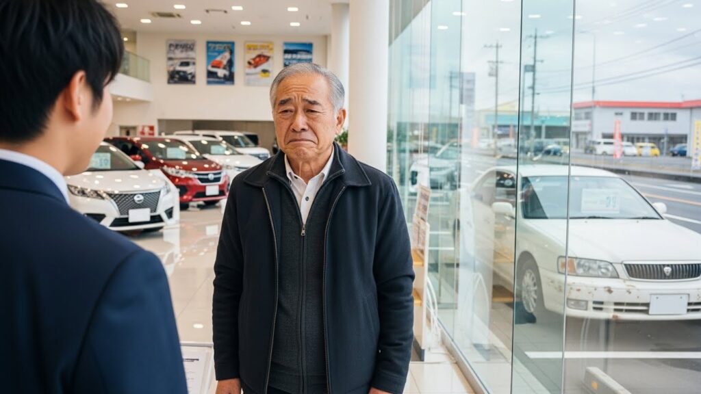 自動車販売店で悲しそうな表情の高齢男性とスーツ姿の店員