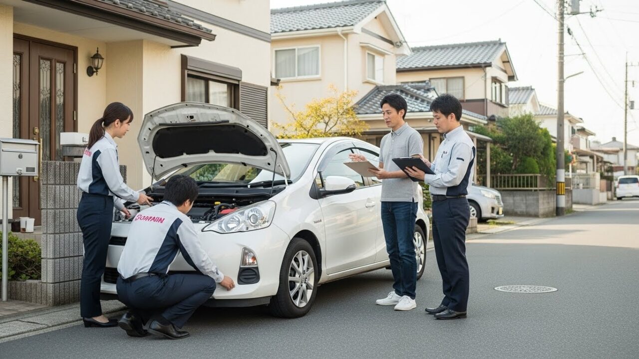 車の点検をする整備士と話を聞く男性