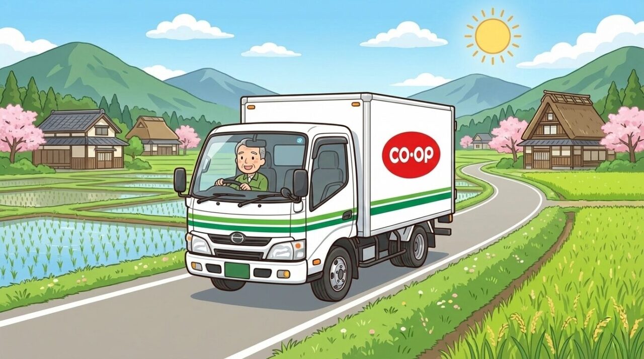 生協の配送サービスであるCO-OP（コープ）のトラックが田舎の道を巡回し、高齢者が買い物に困らないよう支援する様子