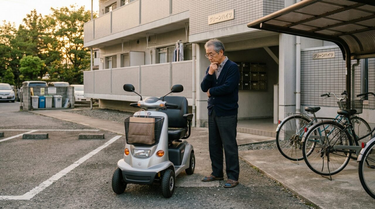 日本のアパート「グリーンハイツ」の駐輪場で、顎に手を当てて深く考え込む高齢男性。彼の隣には、前カゴに茶色の紙袋を積んだシルバーの電動シニアカー（シニア用電動車椅子）が停まり、その横に複数の自転車が並んでいる。夕暮れの柔らかい光が差し込んでいる。