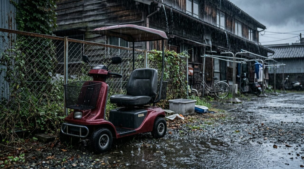雨の中、濡れた砂利道に停められた屋根付きの赤い電動シニアカー。背景には古い木造の建物とフェンスがある。