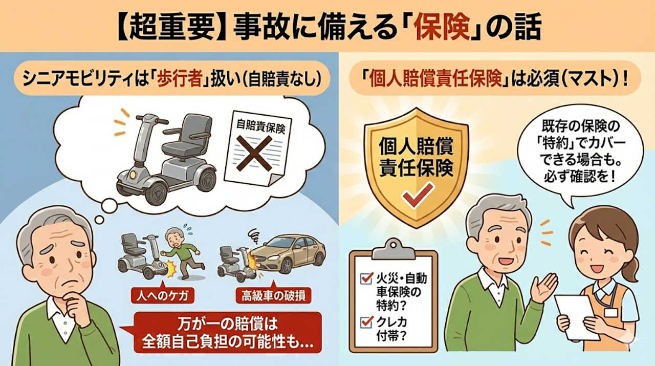 シニアモビリティの事故に備える保険の重要性を説明する図