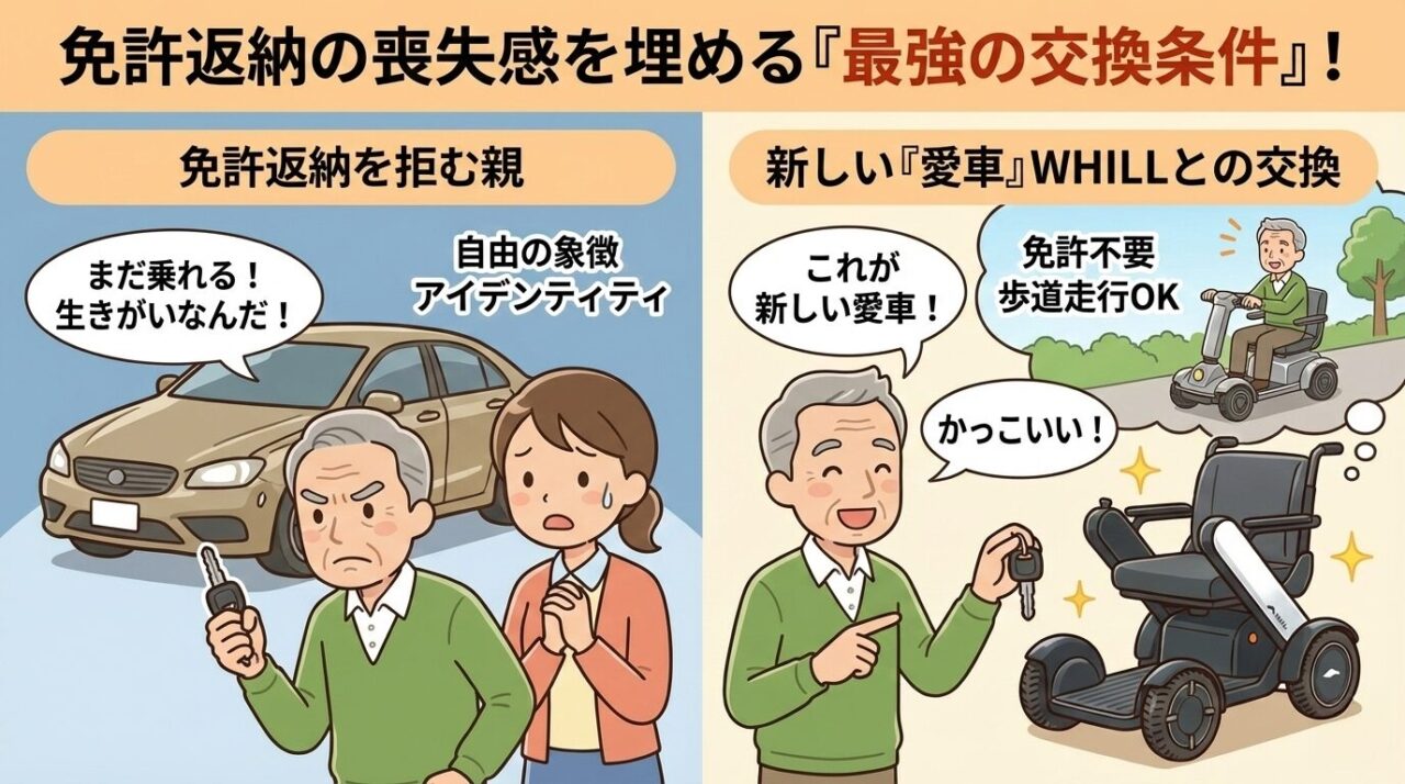 免許返納で悲しむ人に電動車椅子を提案するイラスト