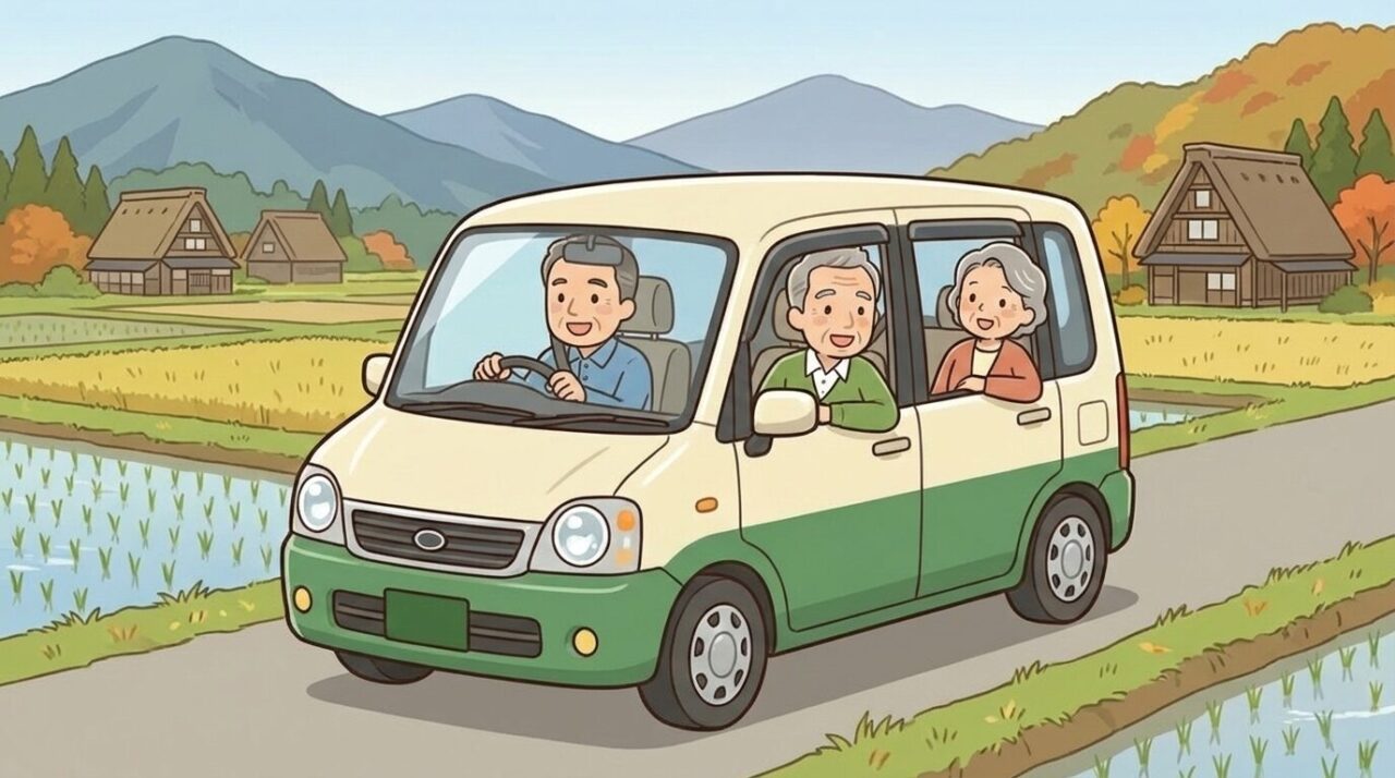 高齢者夫婦が運転する、または乗車している軽自動車が田園風景の中の道を走る様子