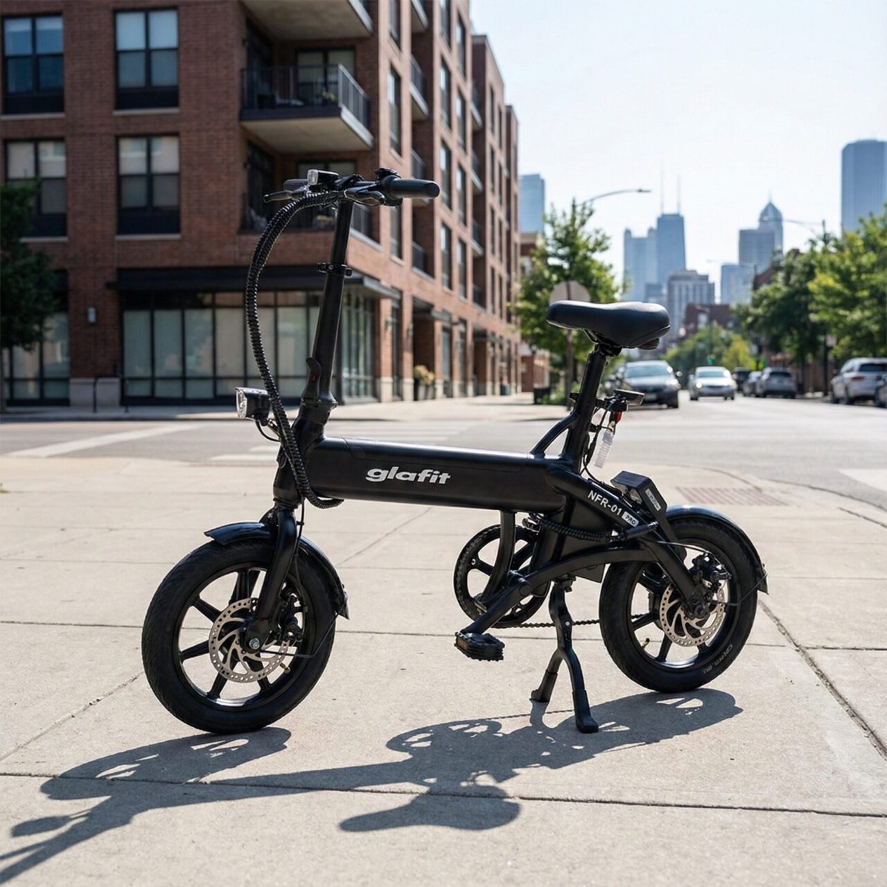 街中の黒い折りたたみ電動アシスト自転車