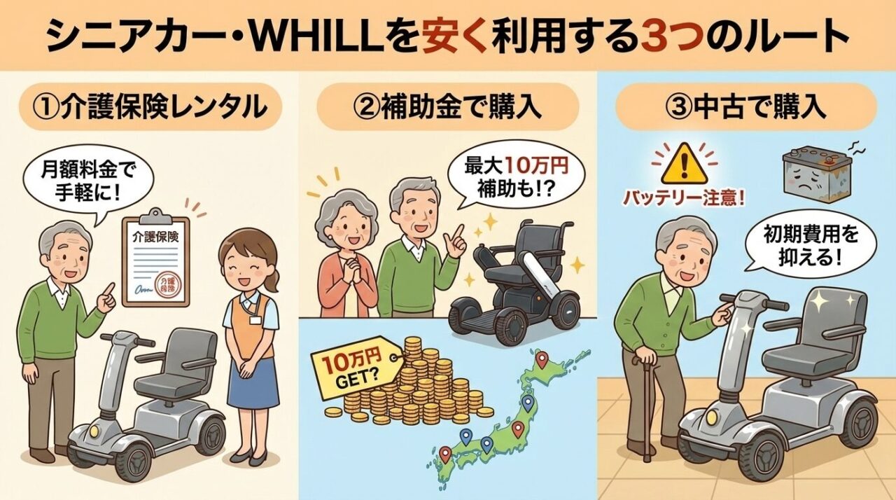 シニアカーWHILLをお得に利用する方法を紹介するイラスト