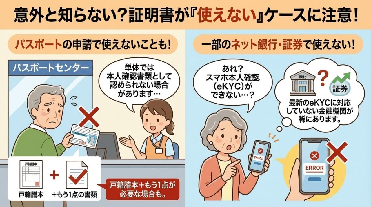 証明書が使えないケースの注意喚起図 パスポート申請やネット銀行での本人確認で証明書が使えない事例