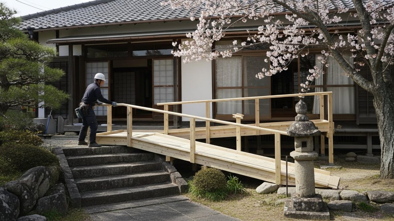 家の玄関にスロープを取り付ける作業員