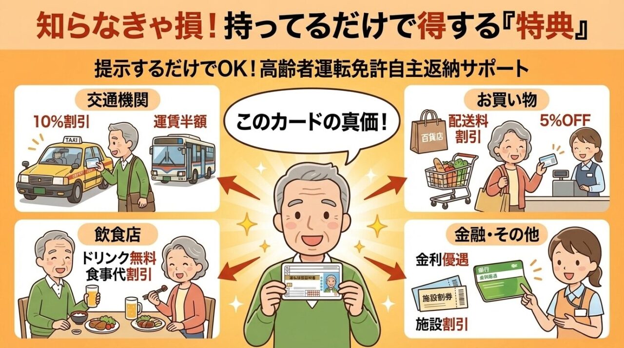 運転免許自主返納でタクシーやバスの割引、買い物優待などが受けられる特典の案内図