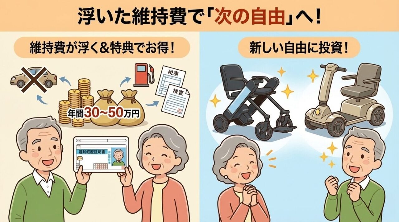 車の維持費節約で電動車いすやシニアカー購入を検討する高齢者夫婦のイラスト