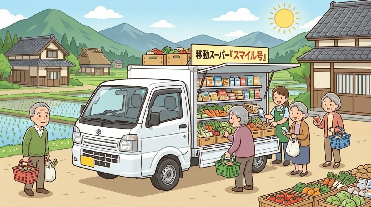 高齢者向け移動スーパー「スマイル号」が田舎の集落に訪れ、住民が買い物をする様子