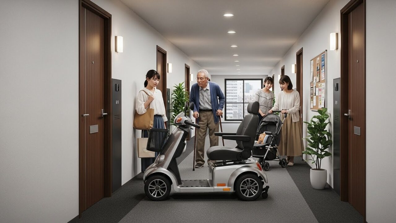 廊下で電動車椅子に乗るおじいさんと付き添いの家族