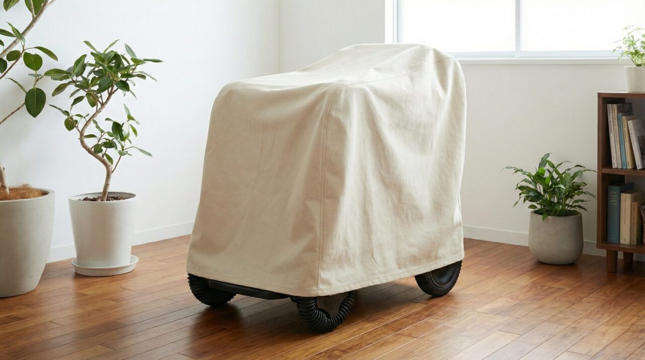 リビングで観葉植物の隣に置かれたベージュのカバーがかかった車輪付きの機器