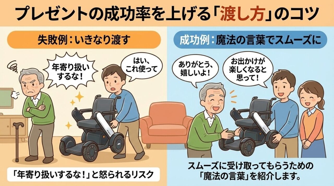 電動車椅子のプレゼント 渡し方のコツの紹介イラスト