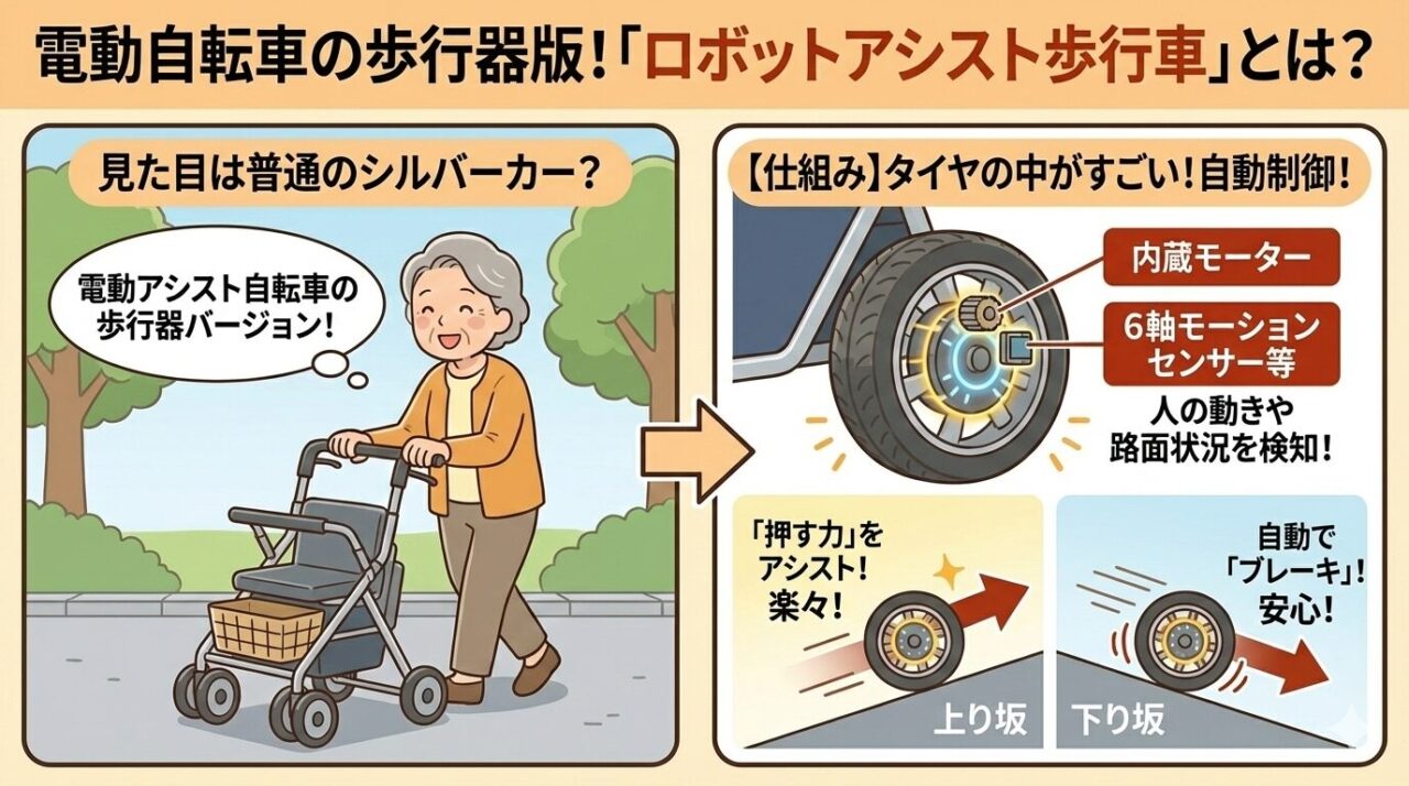 電動アシスト機能付き歩行器の仕組みと利用イメージ