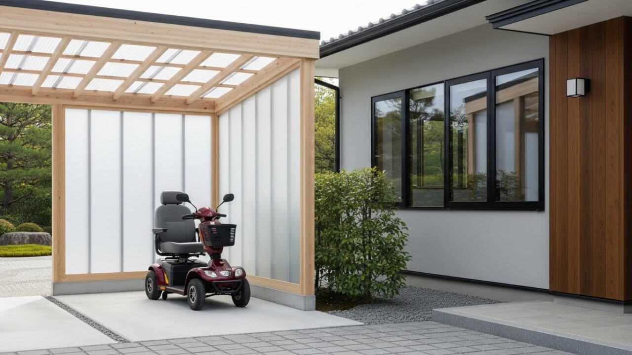 屋根付き駐車スペースに停められた電動車いす