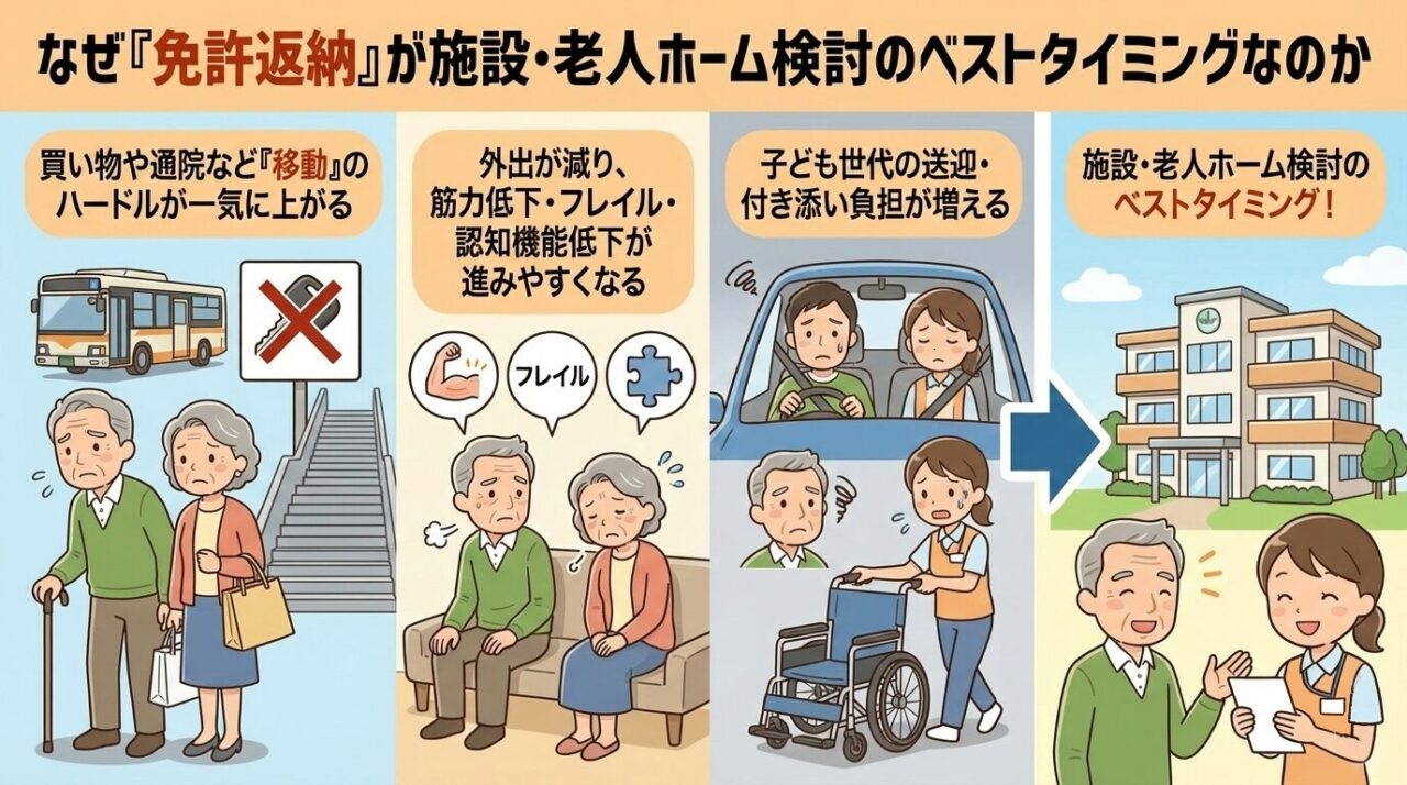 免許返納後の高齢者の移動困難 体力の衰え認知機能の低下 そして家族の送迎介護負担増加を描くイラスト これらが施設入居により解決され高齢者が笑顔になる様子を示し免許返納が施設検討の適切な時期であることを伝える