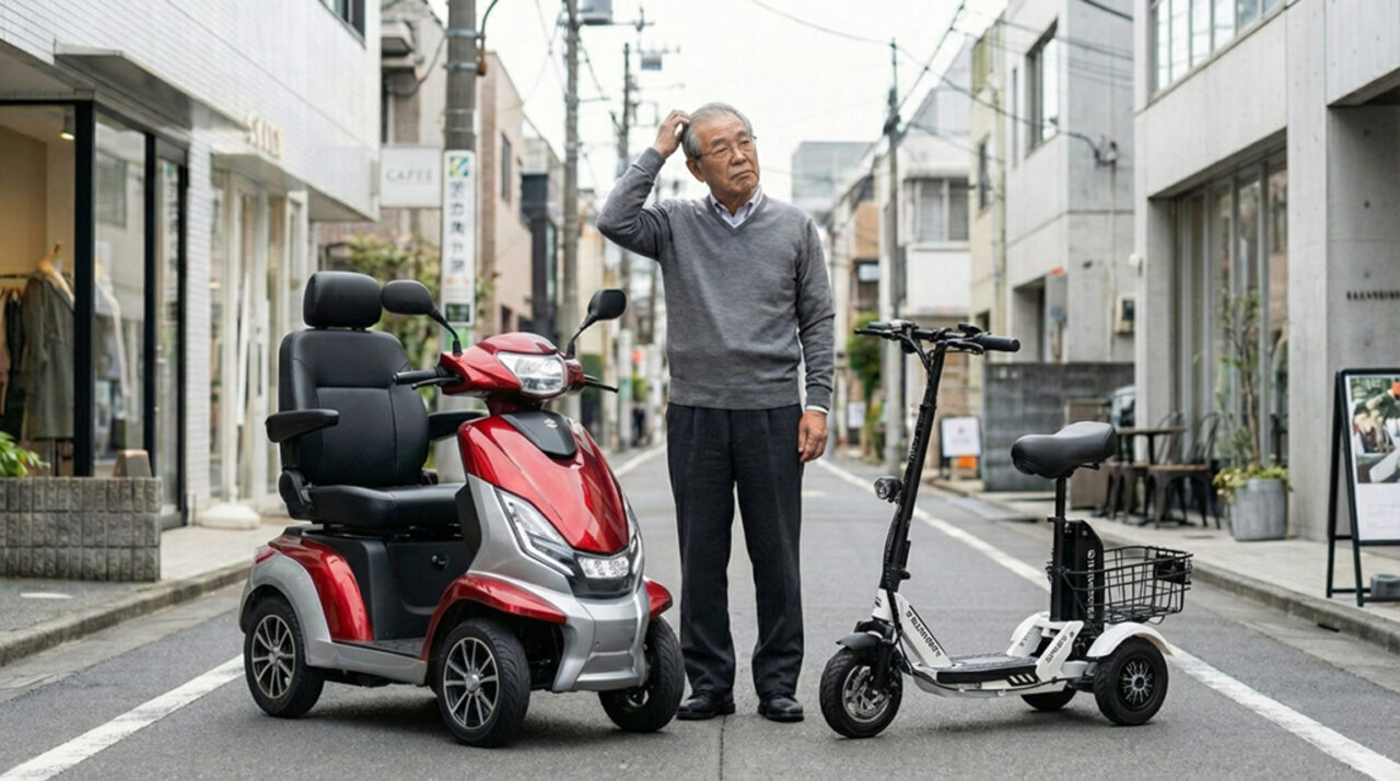 電動車いすと電動キックボードを見て頭を悩ませる男性