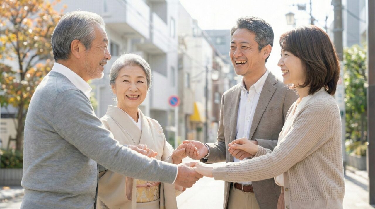 手をつなぐ笑顔のシニア夫婦と若い夫婦