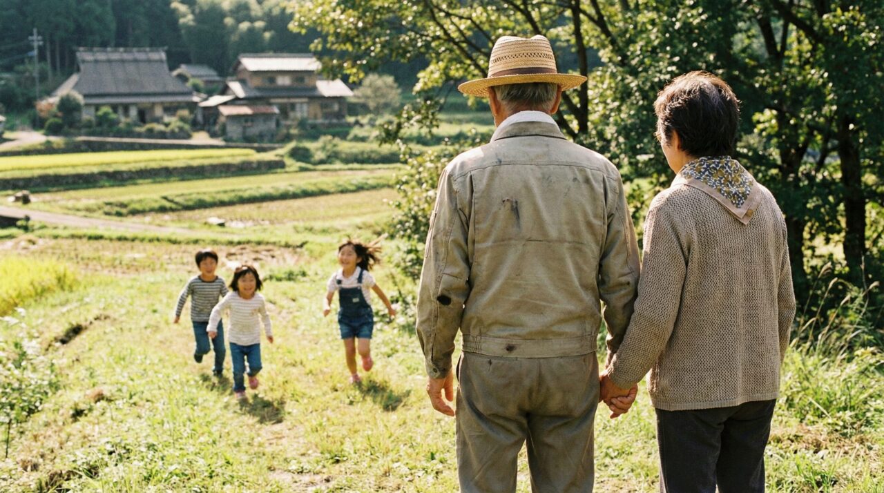 日本の田園風景の中手をつなぐおじいさんとおばあさんのもとへ子どもたちが笑顔で走ってくる